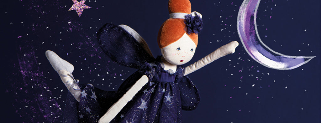 once upon a time moulin roty collection, soft doll catching the moon on a dark sky background