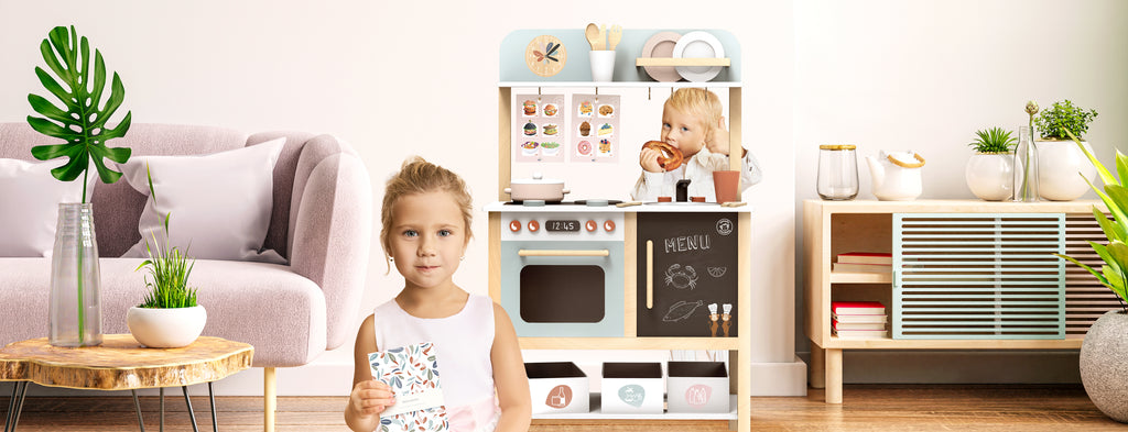 role play collection, 2 kids playing with a wooden kitchen making food